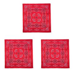 three red bandannas with white and black designs on the top one is square