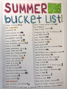 a summer bucket list with lots of stickers on the top and bottom, in front of a white wall