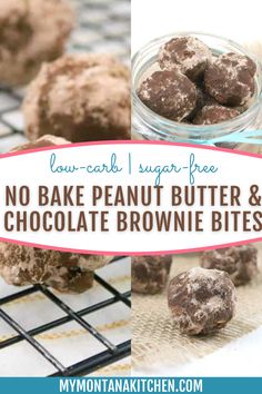 no bake peanut butter and chocolate brownie bites on a cooling rack with text overlay