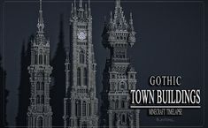 gothic town buildings are depicted in this black and white photo with text overlaying the image