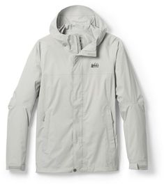 the north face women's rain jacket is shown in light grey, and features an attached hood