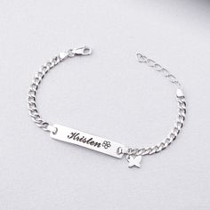 "This adorable sterling silver baby bracelet can be personalized with your kid's name on the bar and a cute charm of your choice, making a great gift idea for special occasions such as the first birthday, baptism and Christmas! There are 3 different finish you can choose from: Silver, Yellow Gold and Rose Gold. PRODUCT DETAILS: * Pendant measures approx: 32x6,5mm * By default, silver items comes with BLACK engraving and gold-plated item comes with CLEAR engraving. * Age group bracelet size recom Silver Personalized Name Bracelet For Friendship, Silver Name Bracelet For Friendship, Personalized Sterling Silver Charm Bracelet For Mother's Day, Customizable Silver Name Bracelet For Friendship, Silver Custom Name Charm Bracelet For Friendship, Personalized White Gold Charm Bracelet, Hypoallergenic Sterling Silver Name Bracelet For Mother's Day, Mother's Day Personalized Sterling Silver Charm Bracelet, Personalized White Gold Charm Bracelet For Mother's Day