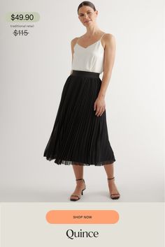 Flattering, flowy, and fully lined. Our high-rise midi skirt is lightweight and has an elastic waistband for a comfortable fit that you can wear all day. Made of low-maintenance, wrinkle-resistant fabric.  | Quince | Women's Chiffon Pleated Midi Skirt in Black, 100% Polyester, Size Medium Lightweight Skirt, Skirt Fits, Sheer Chiffon, Chiffon Skirt, Pleated Midi Skirt, Women Skirts Midi, Quince, Low Maintenance, Dress Skirt