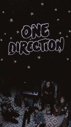 the band one direction is sitting in front of a black background with stars on it