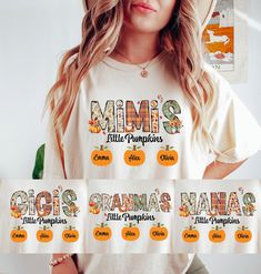 "🍂✨The \"Fall Mimi's Little Pumpkins\" shirt is a delightful expression of seasonal joy and familial love. Made from soft, comfortable fabric, it embraces the warm hues and cozy vibes of autumn. The design showcases an adorable illustration of Mimi, Grandma, Nana and Gigi, affectionately known as grandma, surrounded by a group of cute pumpkins.  ✨UNISEX COMFORT COLORS C1717 SHORT SLEEVE TEE✨ ➡️Features: * Unisex sizing. * 100% ring-spun cotton * Relaxed fit * Sewn-in twill label * Medium fabric (6.1 oz/yd² (206.8 g/m Want the trendy oversized dress look? Order 2 sizes larger than your usual size. 📏👚Easy measuring tip: Take your favorite shirt, lay it on a flat surface and measure the width (armpit to armpit) and length (top to bottom) and compare with your favorite shirt. ✨For sizing, c Fall Birthday Crew Neck Tops, Casual Tops For Fall Birthday, Fall Crew Neck Birthday T-shirt, Crew Neck Birthday T-shirt For Fall, Graphic Print Tops For Birthday In Fall, Cute Name Print Tops For Fall, Cute Tops With Name Print For Fall, Fall Birthday Tops With Name Print, Cute Fall Birthday Tops