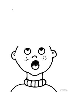 a black and white drawing of a boy with his mouth open in front of him