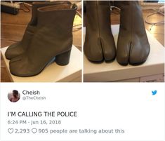 two pictures of brown boots on top of a white box with the caption i'm calling the police