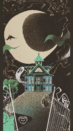 an image of a house in the night with bats and ghost on it's roof