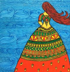 a painting of a woman with long hair in a colorful dress on a blue background