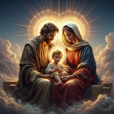 a painting of jesus and mary with a baby in their lap, surrounded by clouds