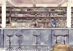 a watercolor painting of a bar with stools and bottles on the shelves behind it