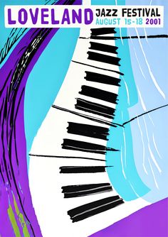 the poster for loveland jazz festival is shown in purple and blue tones with an abstract piano