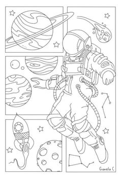 an astronaut coloring page with space and planets