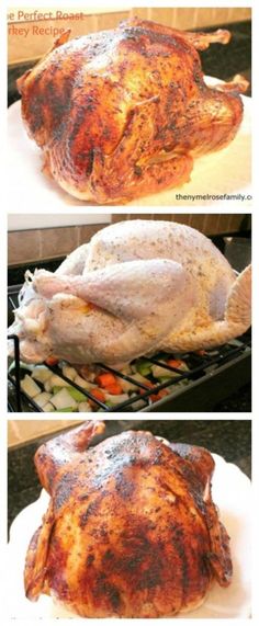 three different views of a roasted turkey on a grill