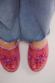 Slip into sweet style with these mesh mules, featuring sequin embellishments and floral motifs for an elevated touch. **Features:** Slip-on style, backless design, sheer mesh uppers, round toe, flat sole, sequin embellishments, beaded floral embroidery **Why We | Liberty Mesh Mules by FP Collection at Free People in Pink, Size: EU 36 Pink Shoe Collection, Mesh Slippers Outfit, Flat Cowboy Boots, Pretty Flat Shoes, Sequined Shoes, Mesh Slippers, Mesh Sandals, Slippers Outfit, Upcoming Fashion Trends