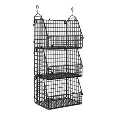 three tiered wire storage rack with hooks