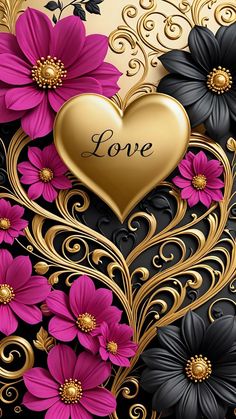 a black and gold background with flowers and a heart that says love on the front