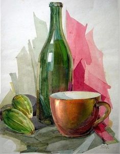 a painting of a cup and a bottle