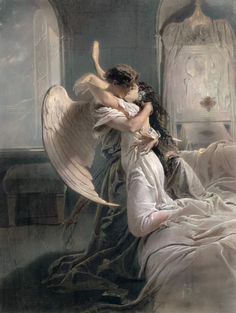 a painting of an angel hugging a woman