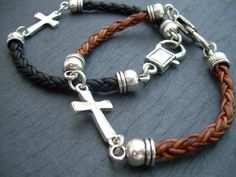 This leather cross bracelet will serve as a constant reminder to always have faith! For size reference the cross is just over 3/4 inch in length. This would also make a great set of "His and Her" Leather Bracelets. Materials: Lead and Nickel Free - Aged Silver Toned Alloy Metal Components, Fine Imported double strands of 3mm Leather Cord. The secure lobster clasp closure makes for a quick on and off. Each piece comes with a brand hang tag and a black drawstring pouch. Size: Available to fit a fi Braided Leather Necklace, Blessing Bracelet, Bracelets Leather, Leather Bracelets Women, Mens Bracelets, Bracelet Mens, Braided Leather Bracelet, Mens Leather Bracelet, Leather Bracelets