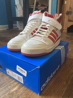 Adidas Forum High Red, Adidas Forum Mid Red, Adidas Velcro Shoes, Adidas Shoes Vintage, Adidas Forum High, Forum Adidas, Fire Shoes, High Top Adidas