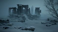 the ruins are covered in snow and surrounded by rocks, trees, and bushes on a foggy day