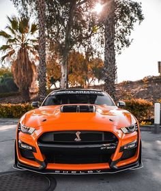 an orange sports car parked in front of palm trees