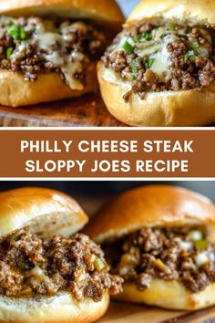 philly cheese steak sloppy joes recipe on a cutting board with the title above it