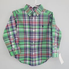 Beautiful Green Plaid Button Up Shirt By Ralph Lauren. New With Tags. Size 2 Multicolor Long Sleeve Shirt For School, Green Spring Shirt For School, Green Shirt For School In Spring, Casual Button-up Tops For Playtime, Casual Playtime Shirt With Buttons, Green Spring School Shirt, Casual Buttoned Shirt For Playtime, Casual Shirt With Button Closure For Playtime, Multicolor Button-up Preppy Top