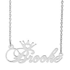 Show your feminine side with our delicate Personalized Name Crown Necklace, perfect for everyday wear. It comes in either: Silver Plated Gold Plated Sterling Silver or 14K Gold Over Sterling Silver finished with a fine polish. It can be personalized with a name of up to 10 Characters (Letters only NO numbers or special characters). All necklaces come with the Default Chain except the Sterling Silver option which comes with the Link chain. (Neck photo shown with Link Chain). You can upgrade to yo Customized Sterling Silver Name Necklace For Formal Occasions, Formal Customized Sterling Silver Name Necklace, Elegant Customized Silver Necklace, Elegant Silver Custom Necklace, Elegant Customized White Gold Necklace, Customized White Gold Elegant Name Necklace, Customized Silver Name Necklace For Formal Occasions, Formal Silver Custom Name Necklace, Neck Photo