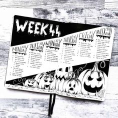 a black and white photo of a menu with pumpkins on it