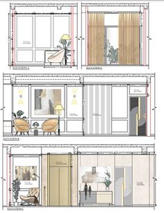 an architectural drawing shows the interior and exterior sections of a house, with different rooms in each section