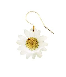 a pair of white and yellow flower earrings with gold earwires on a white background