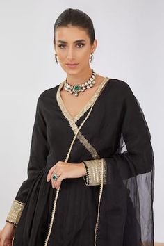 Black chanderi silk angarkha anarkali with placed thread sequin embroidery. Comes with pant and dupatta. - Aza Fashions Angarkha Anarkali, Sequin Embroidery, Embroidered Neckline, Sequins Embroidery, Thread Work, Silk Thread, Pants Pattern, Pant Set, Set For Women