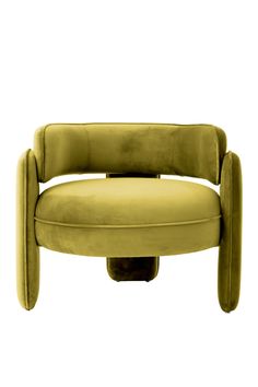 an upholstered chair with curved arms and footrests, in yellow velvet