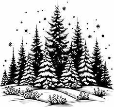 a black and white drawing of trees in the snow with stars above them on a snowy day