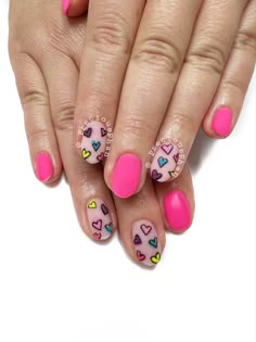 Valentines Nails Conversation Hearts, Care Bear Valentine Nails, Unconventional Valentines Nails, Valentines Day Character Nails, Groovy Valentines Nails, Girls Nail Designs, Valentine Nail Art, Super Cute Nails