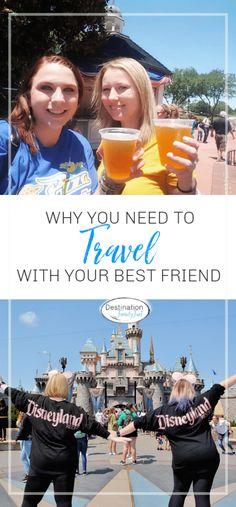 two women in black shirts holding up their arms with the words why you need to travel with your best friend