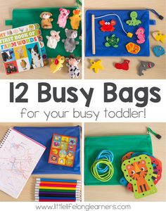 some toys and books on a table with the words, 12 busy bags for your busy todd