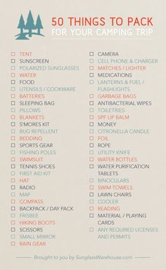 a sign that says 50 things to pack for your camping trip in red and blue