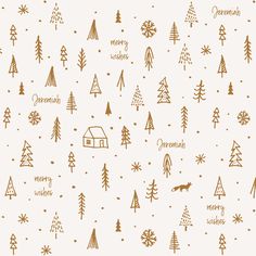 christmas trees and snowflakes with the word merry written in gold on a white background