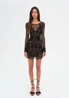 Luau Mini Dress | For Love & Lemons Elegant Evening Lace Dress With Sheer Back, Party Lace Dress With Sheer Back, Sheer Lace Night Out Dress, Sheer Lace Dress For Night Out, Flirty Cocktail Dress With Sheer Sleeves, Elegant Sheer Lace Dress For Date Night, Long Sleeve Dress With Sheer Back For Date Night, Formal Sheer Mini Length Dress, Sheer Mini Length Formal Dresses