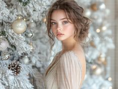 a woman standing in front of a christmas tree