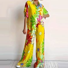 Boho Floral Print Short Sleeve Top And Wide Leg Pants Set Non-Stretch Polyester No Pockets Unlined Asian Size 4xl = Us Size 16 Approx. Bust: 49.3-51.6in Waist: 43.3-45.7in Hips: 53.2-55.6in Yellow Relaxed Fit Summer Sets, Yellow Floral Print Vacation Pants, Printed Yellow Pants For Spring, Spring Yellow Printed Pants, Casual Yellow Printed Jumpsuits And Rompers, Yellow Wide Leg Summer Sets, Yellow Wide Leg Sets For Summer, Spring Yellow Wide-leg Jumpsuits And Rompers, Yellow Wide-leg Jumpsuits For Spring