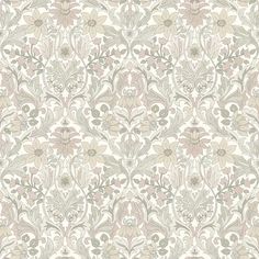 an ornate wallpaper pattern with flowers and leaves in grey, beige and white colors