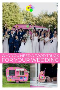 the wedding party is posing in front of an ice cream truck and pink food truck