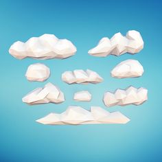 low poly clouds and rocks against a blue sky