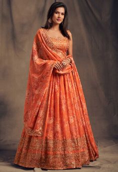 Digital Printed Organza Lehenga in Orange : LCC1202 Orange Lehenga, Blouse Lehenga, Lehenga Choli Designs, Lehenga Choli Wedding, Floral Lehenga, Organza Lehenga, Lengha Choli, Ghagra Choli, Indian Lehenga