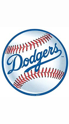 a dodgers baseball with the word dodgers in blue and red on it's side