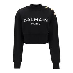 Balmain Sweatshirt Crafted In Pure Cotton French Terry Characterized By Contrasting Logo Print At Chest. It Features Ribbed Stand Collar, Cuffs And Hem. Embellished With Ornamental Gold-Tone Metal Coin Buttons At Shoulder. Regular Fit With Cropped Length. The Model Is 177 Cm Tall And Wears Size Xs. Material: 100% Co. Made In: Portugal. Color: Black. Collection: Fall - Winter 2023. Sku: Bf1jo040bb02. Modecraze Is An Online Platform That Offers The Best Designer Products From Europe To Customers A Balmain Sweatshirt, Embellished Sweatshirts, Bold Logo, Cropped Sweatshirt, Crop Sweatshirt, Roberto Cavalli, Printed Sweatshirts, Favorite Jeans, Victoria Beckham